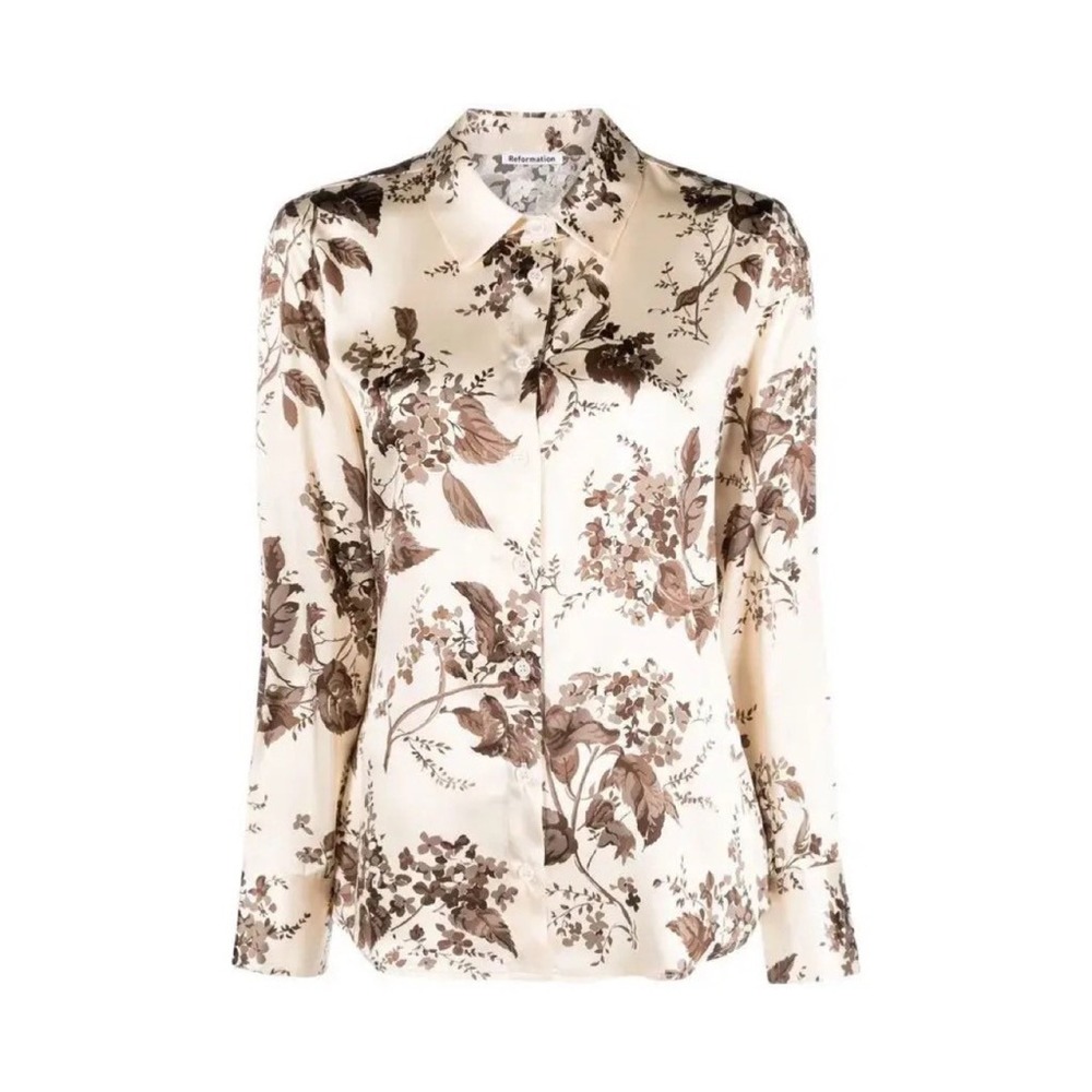 REFORMATION Silk Floral Print Blouse Top Buttondown Cream Brown Chic Large - Picture 12 of 16